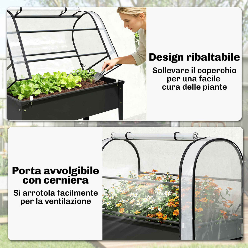 Outsunny Raised Vegetable Garden Bed with Mini Greenhouse Cover and Drainage Hole, 100x49x136 cm, Black