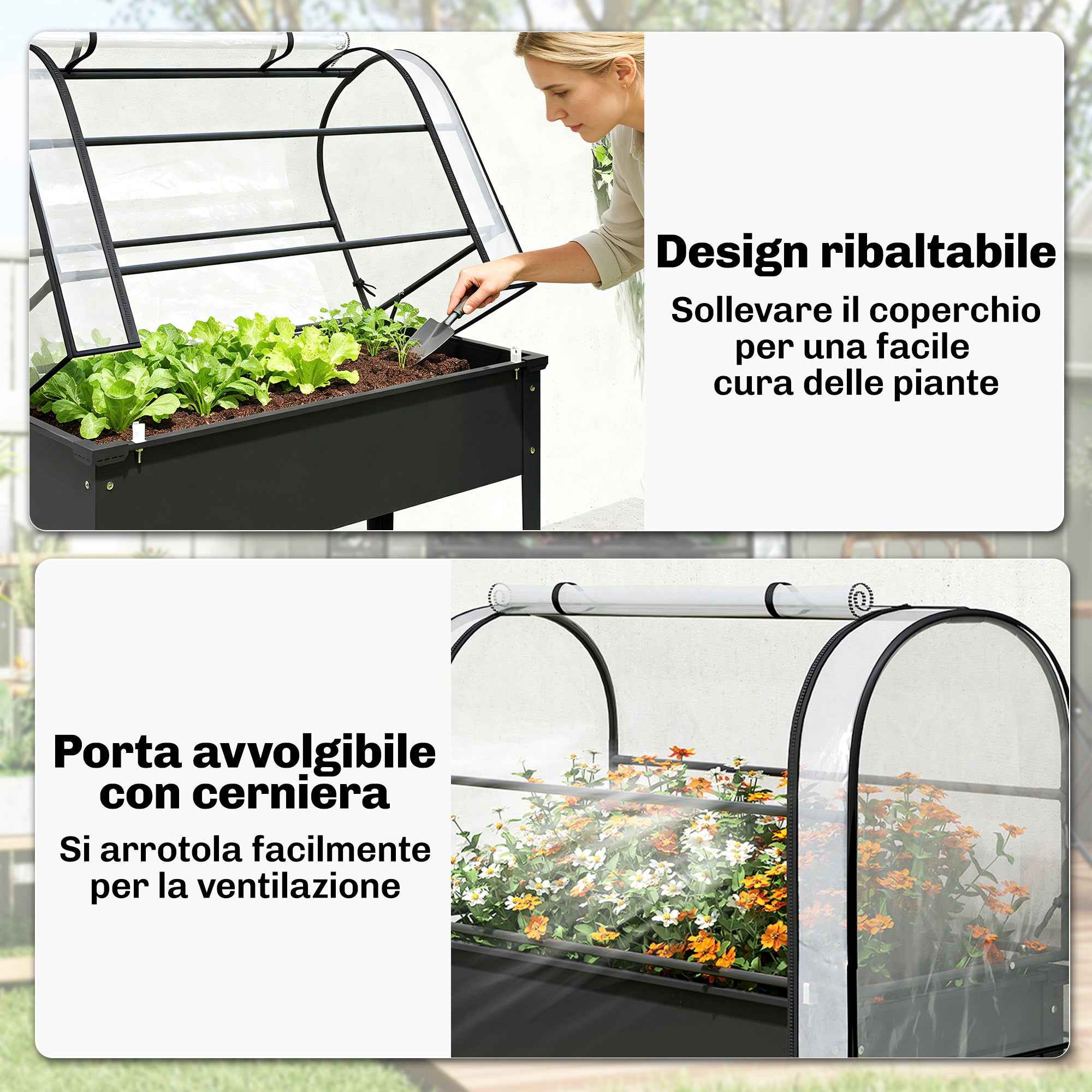 Outsunny Raised Vegetable Garden Bed with Mini Greenhouse Cover and Drainage Hole, 100x49x136 cm, Black