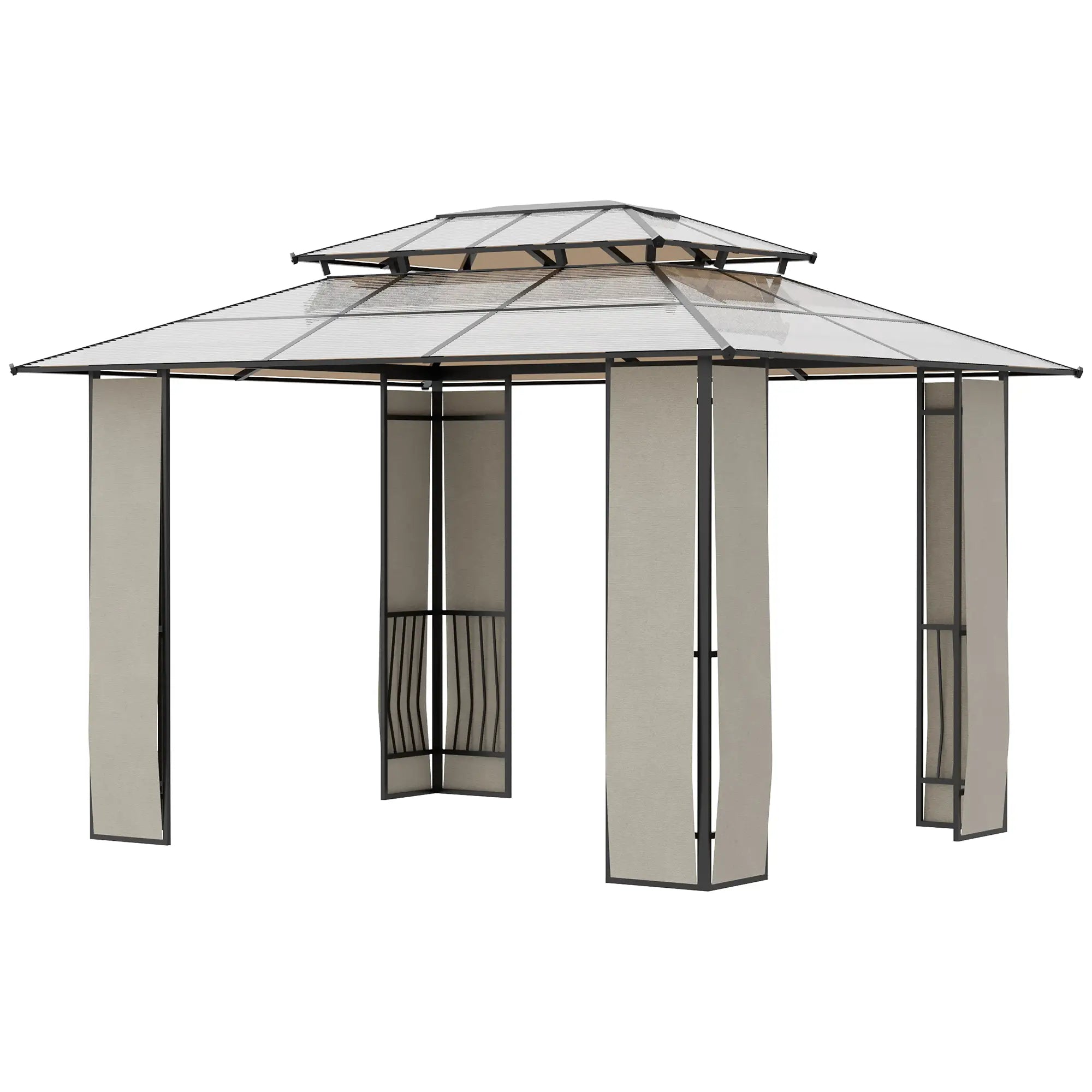3.7x3m Garden Gazebo with 2-Tier Polycarbonate Roof, Steel and Aluminum, Brown - Borge' Group Limited