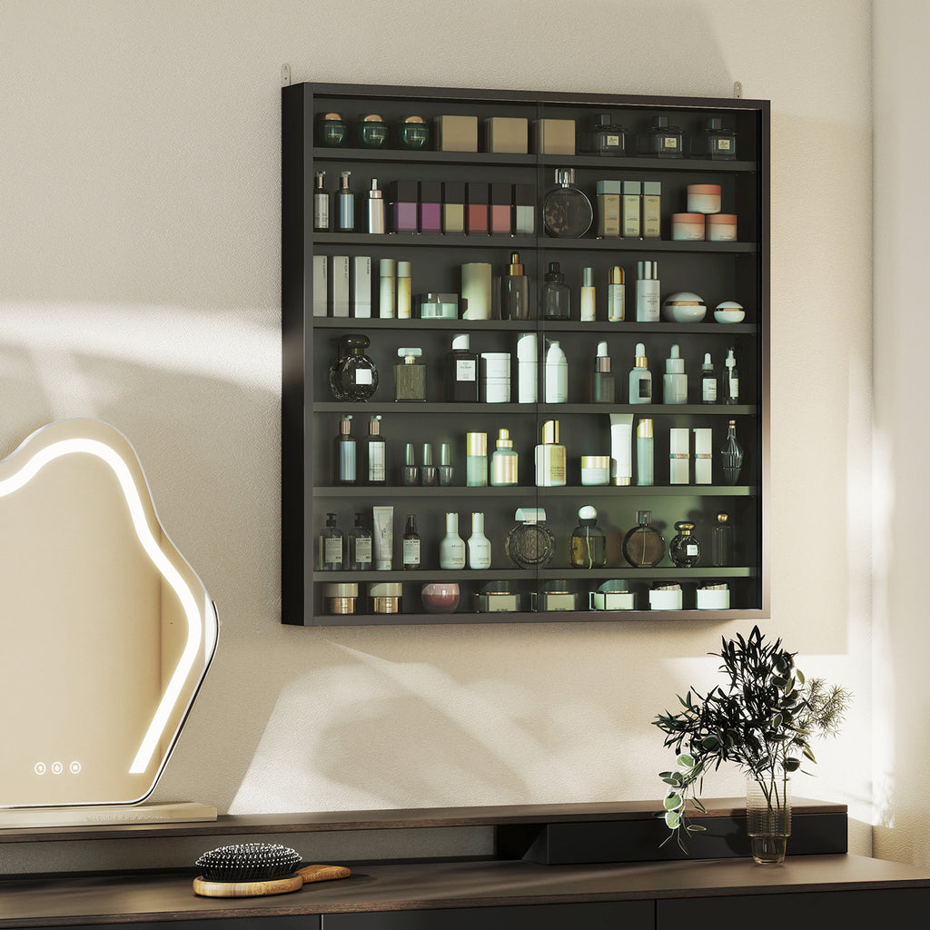 6-Tier Adjustable Wooden Notice Board with Glass Doors, 80x9.5x83 cm, Black