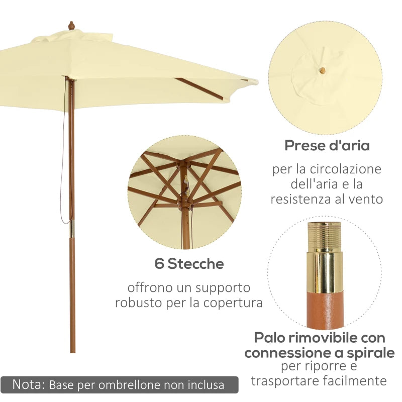 Garden Umbrella 2.5x2.3 m with 6 Ribs in Lacquered Wood and Polyester, Beige - Borge' Group Limited