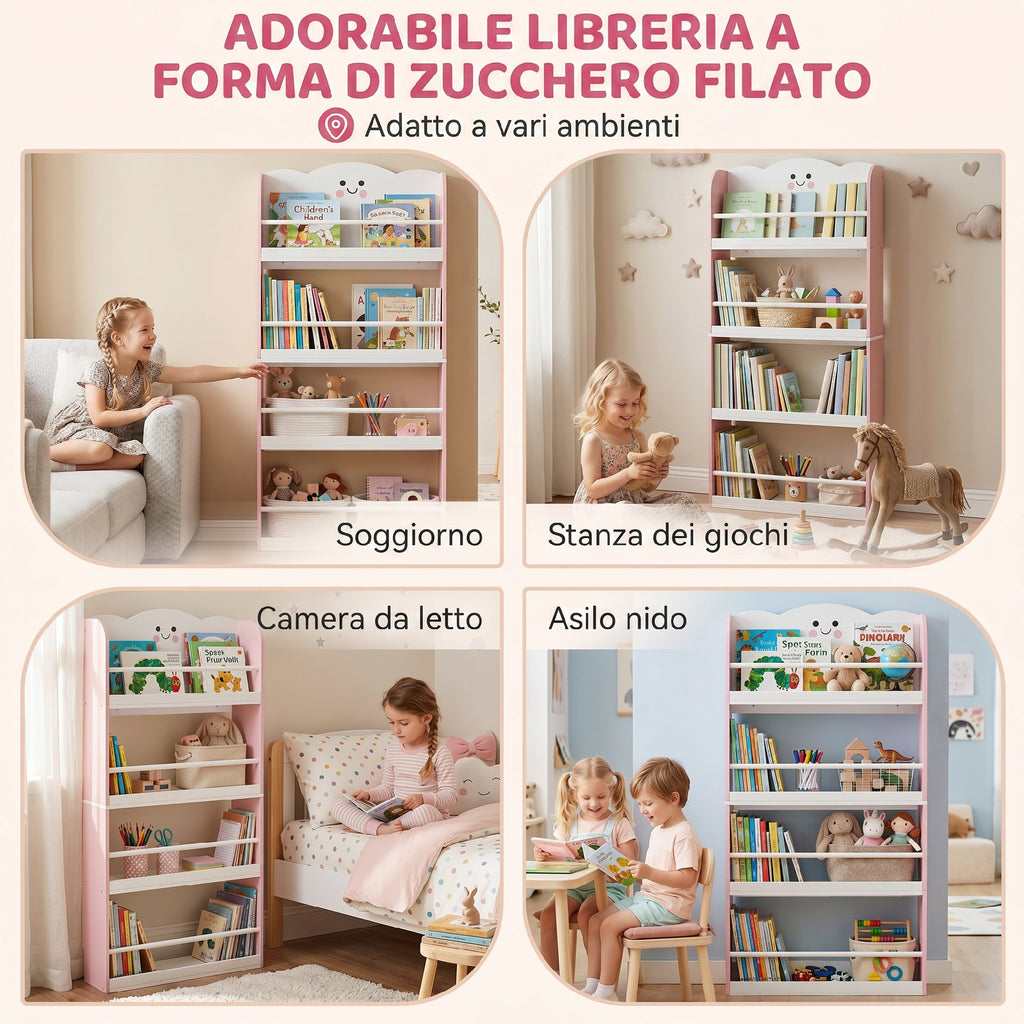 AIYAPLAY Montessori Bookshelf for Children Ages 3-6 with Cotton Candy Theme, 4 Wooden Shelves, for Children's Bedroom, Pink
