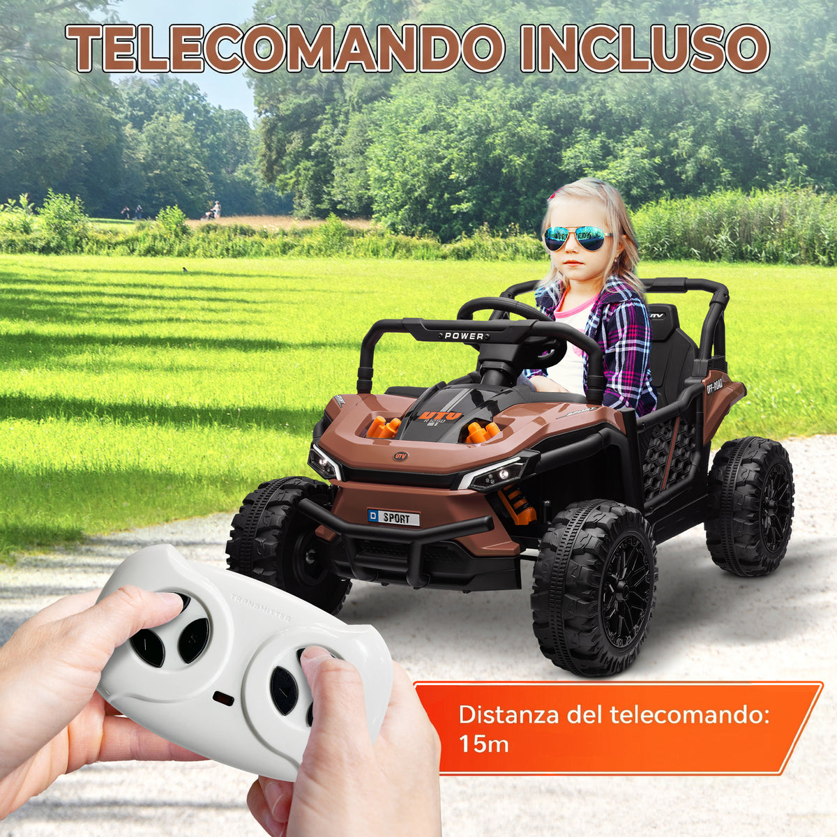 AIYAPLAY Kids Electric Ride-On UTV 12V with Belt, Remote Control, Suspension, USB, 3-6 km/h, 3-5 Years, Brown