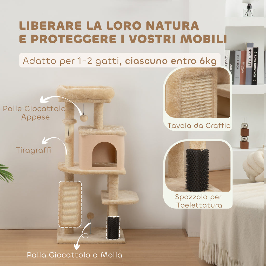 Multi-Level Cat Tree, 132 cm Tall, with House, Bed, Scratching Posts, Brush and Ball, Beige
