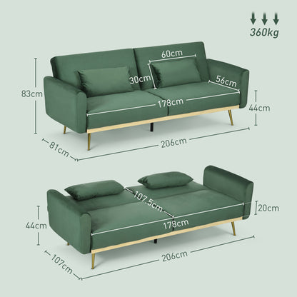 LASKA - 3 Seater Sofa Bed with Click Clack Design and 2 Cushions, in Velvet Effect Fabric, 206x81x83 cm, Green