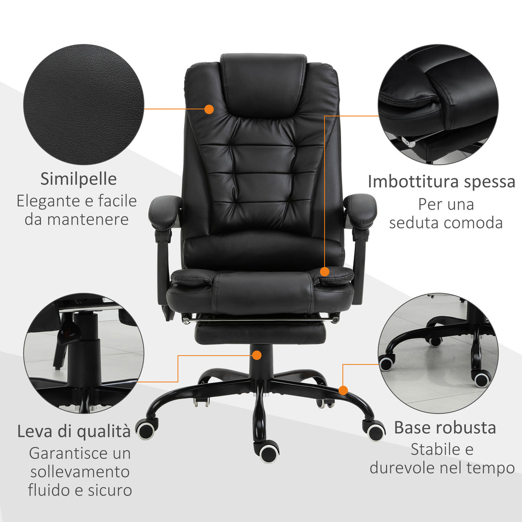 Office Chair with 7 Vibrating Points, Footrest and 155° Reclining Backrest, Black - Borgè