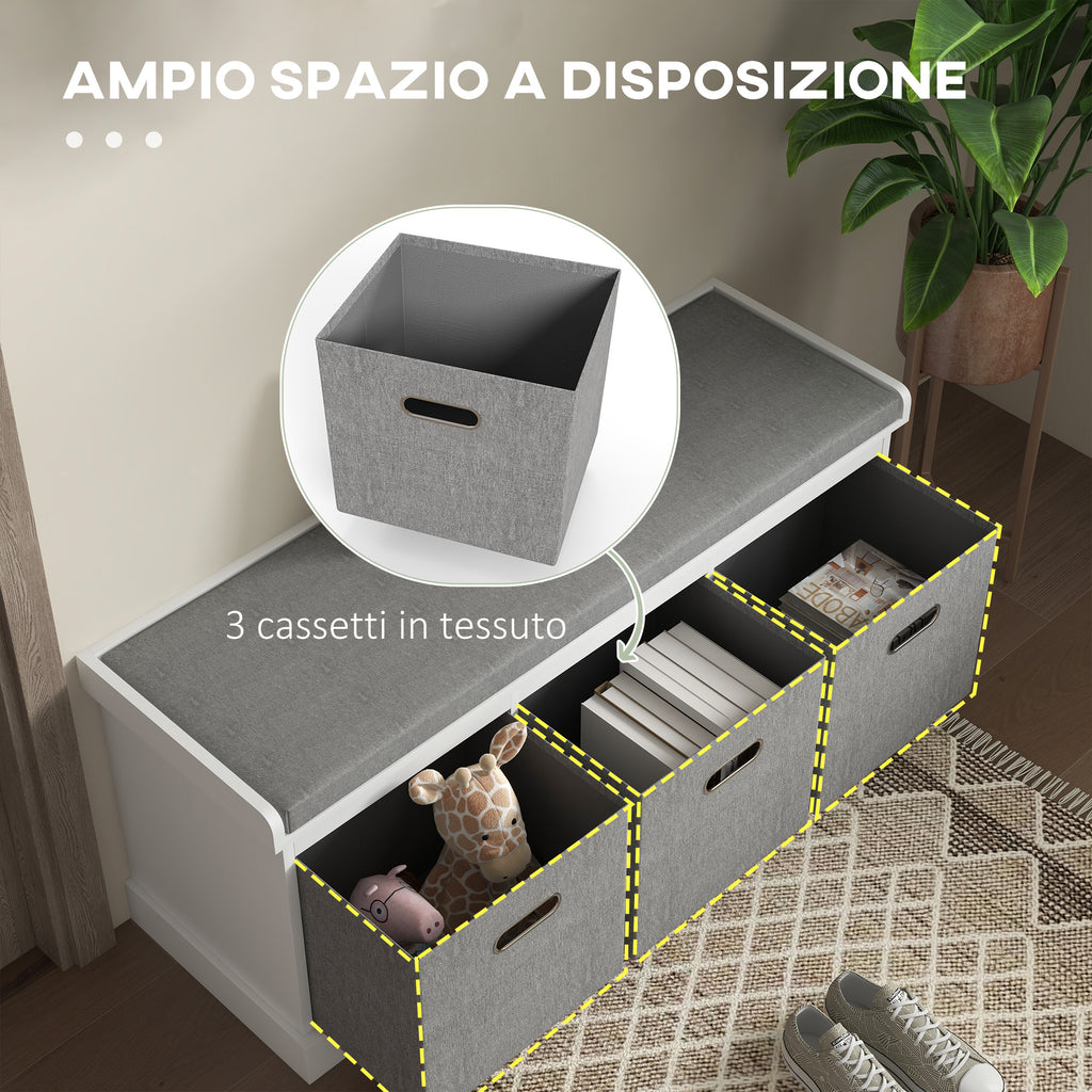 Wooden Shoe Bench with 3 Drawers and Fabric Seat for 3 Pairs of Shoes, 105x35x47 cm, White