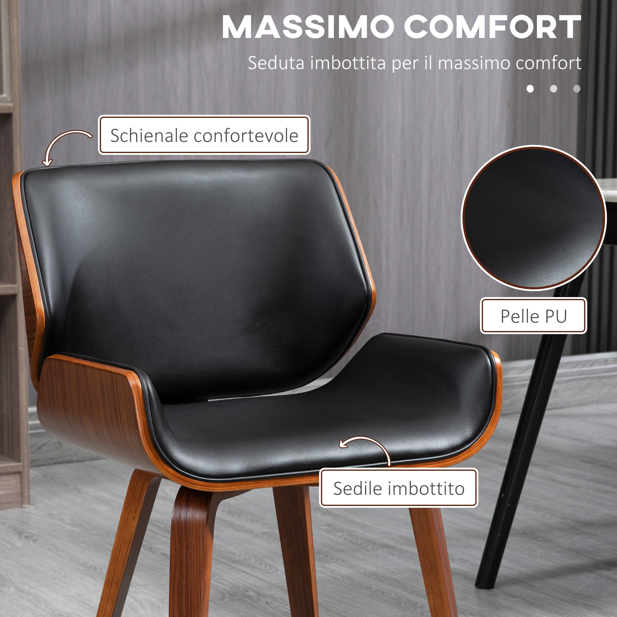 Set of 2 Vintage Style Dining Chairs Padded in Wood and PU Faux Leather, Black and Wood
