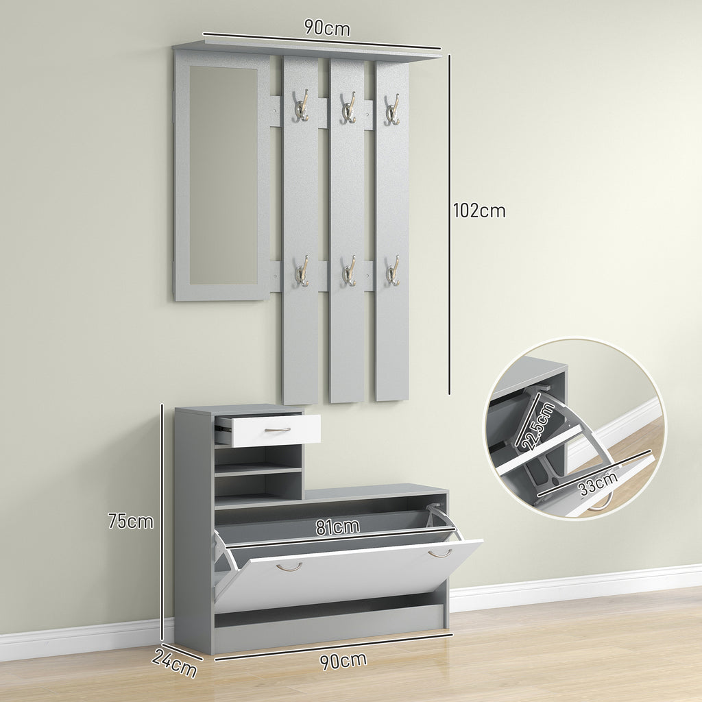 TWENTY | Coat Stand 3 in 1 with Shoe Rack and Mirror, Hooks and Drawers, in Wood, 90x10x102 cm, White and Grey