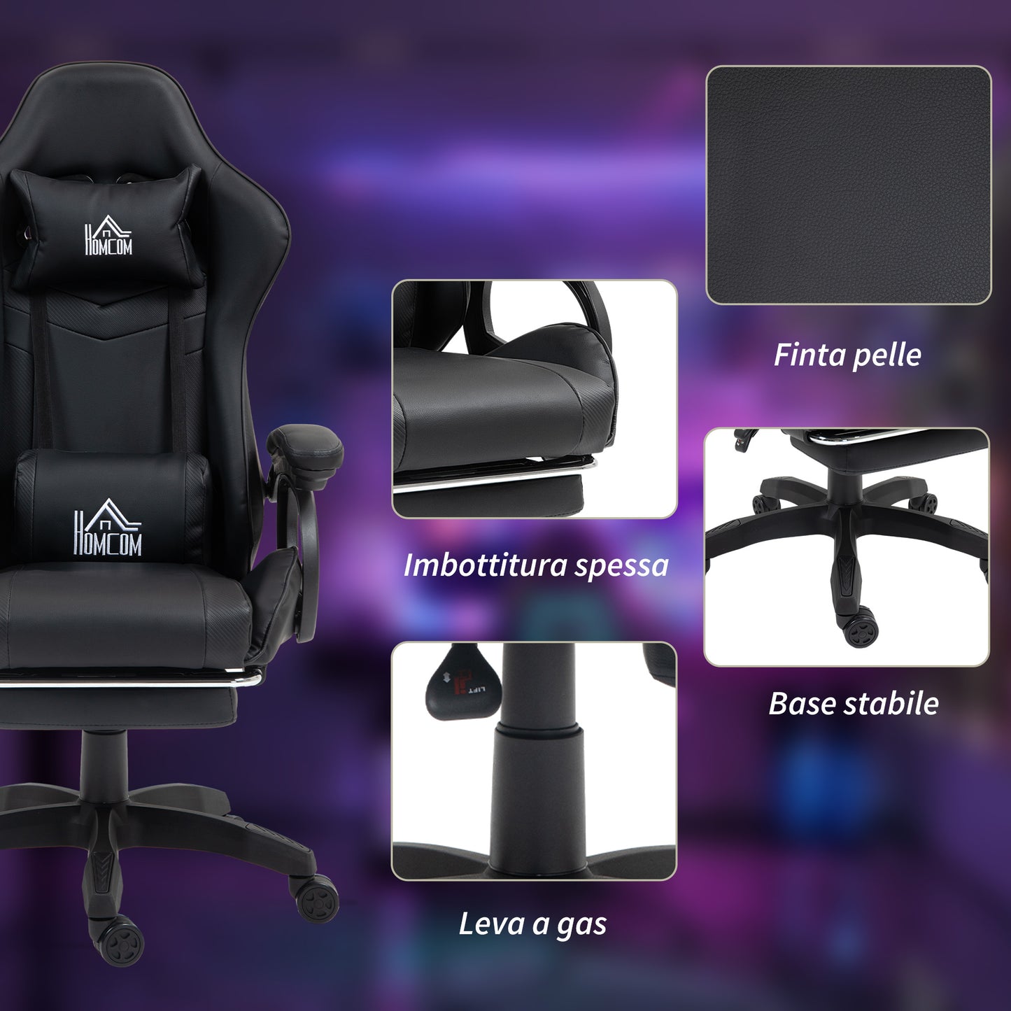 125° Reclining Gaming Chair with Massage in Faux Leather with Footrest, 65x68x120-128 cm, Black