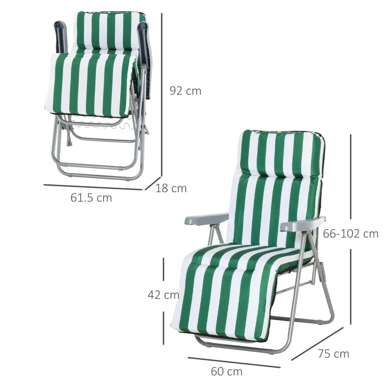 2-Piece Folding and Reclining Beach Chair, Garden Sun Loungers with Padded Cushion, Green and White - Borge' Group Limited