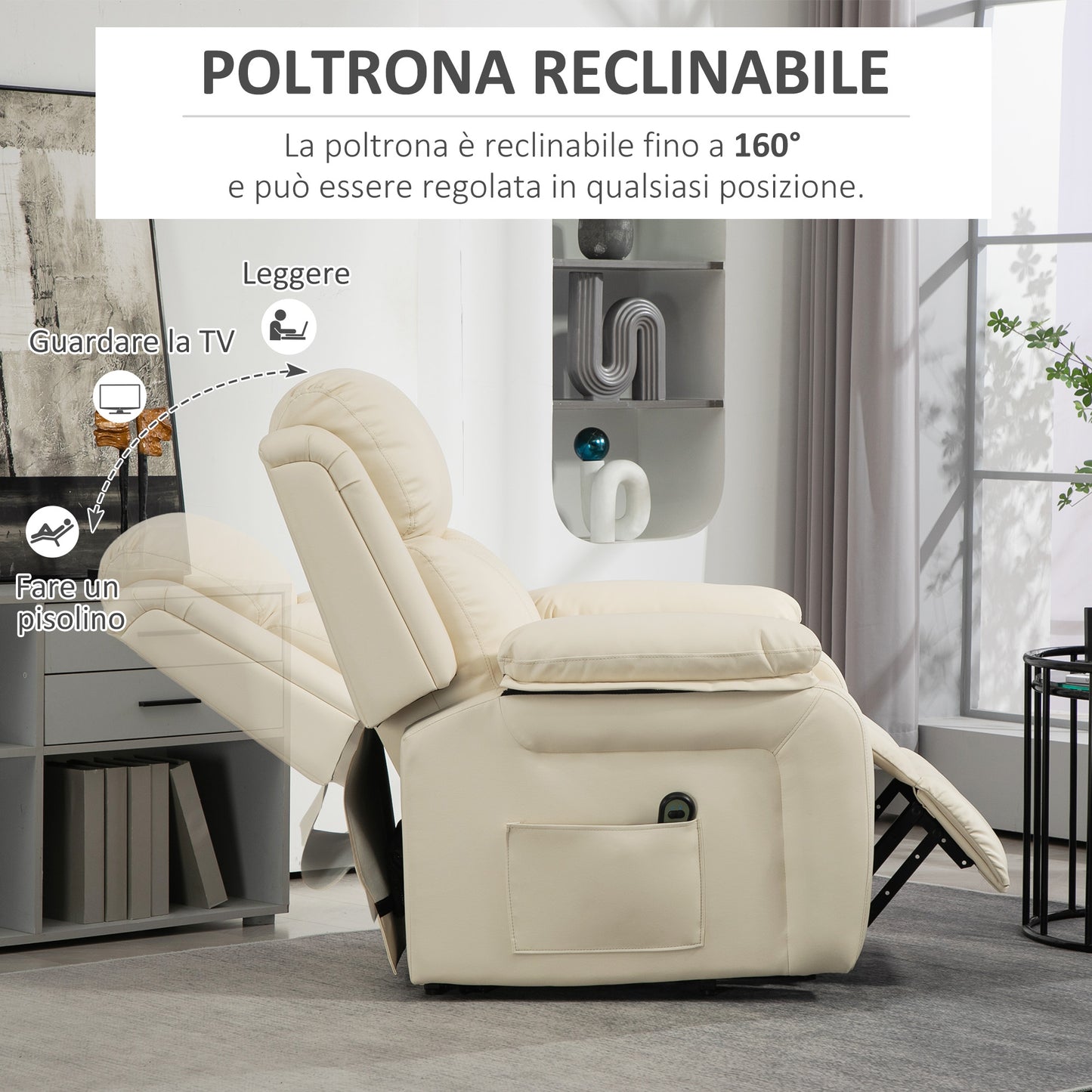 AURORA | 160° Reclining Lift Chair with Footrest and Remote Control, PU Leather and Steel, 76x90x105 cm, Cream