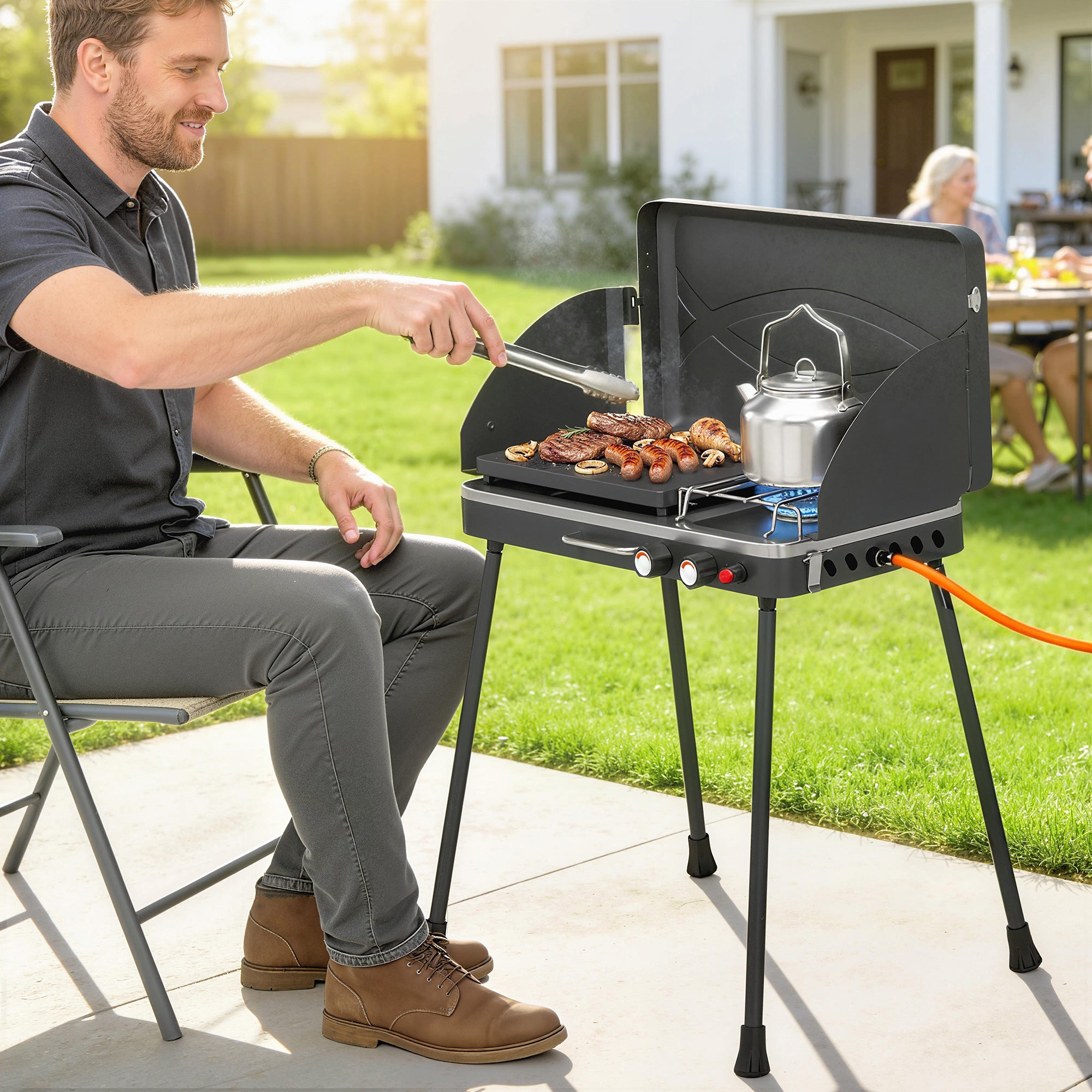 Outsunny 2-in-1 Portable Propane Gas BBQ with Grill and Stove, 7KW, Black