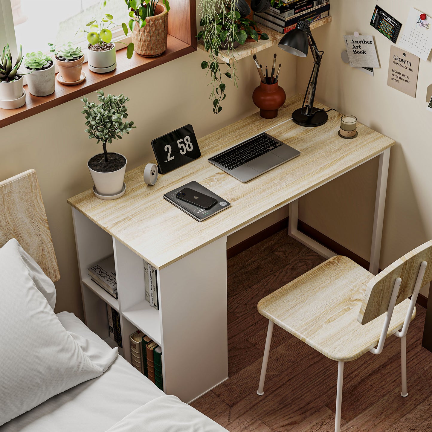 Space-Saving Computer Desk with 4 Open Shelves, Wood and Steel, 120x54x75 cm, White and Oak