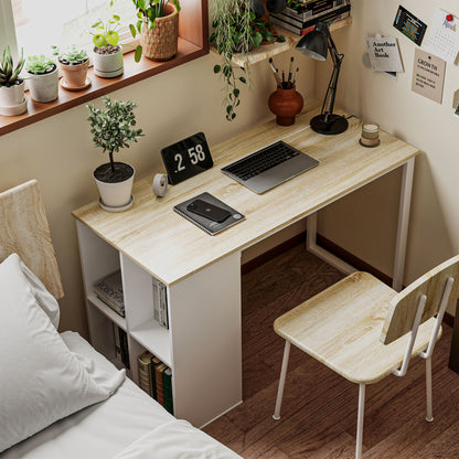 Space-Saving Computer Desk with 4 Open Shelves, Wood and Steel, 120x54x75 cm, White and Oak