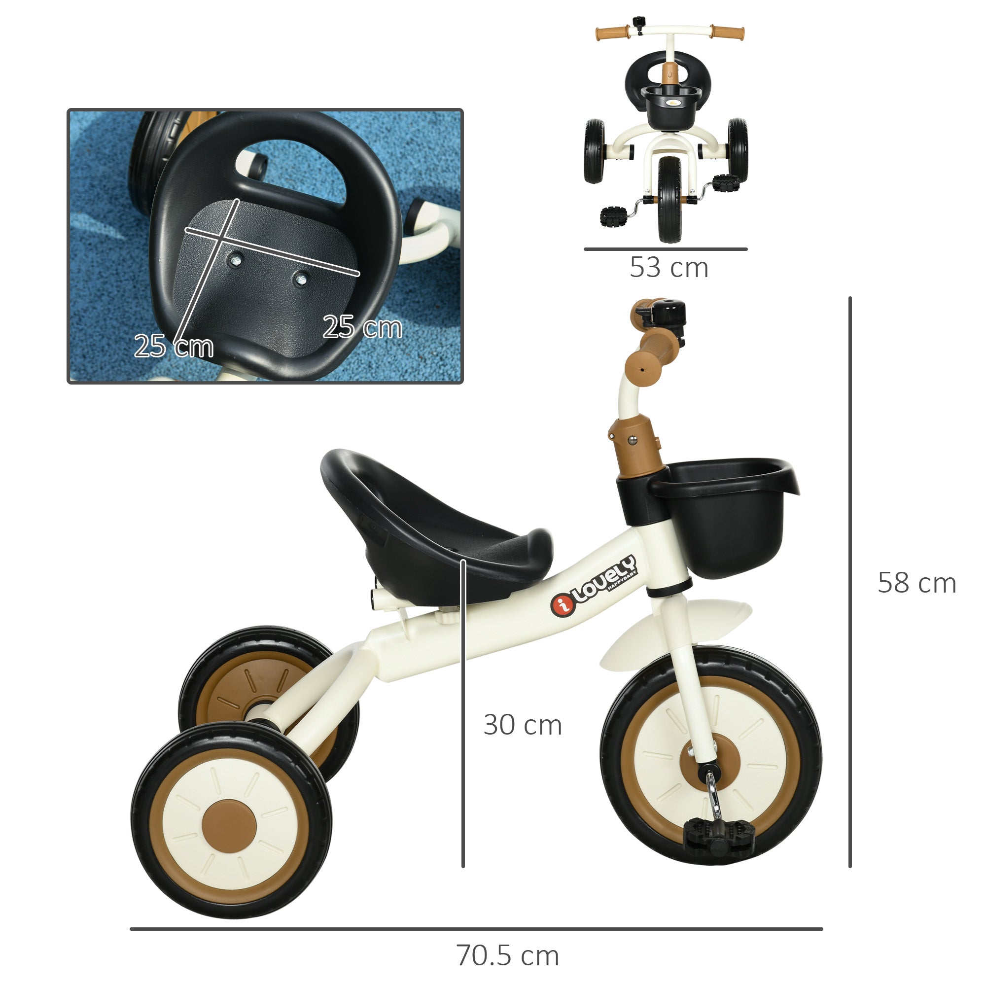 Children's Tricycle for 2-5 Years with Adjustable Seat and Bell, 70.5x50x58cm, White