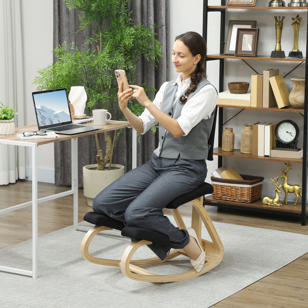 Rocking Kneeling Chair in Linen-Effect Fabric and Birch Wood, 51x84x93 cm, Black