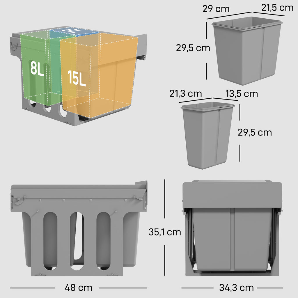 HOMCOM 31L Under Sink Pull Out Waste Bin with 3 Removable Buckets and Top, Light Grey