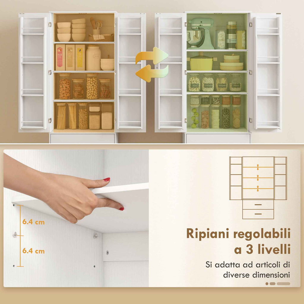 HOMCOM Kitchen Cabinet Sideboard with 8 Spice Racks and 2 Drawers, 60x40x159 cm, White