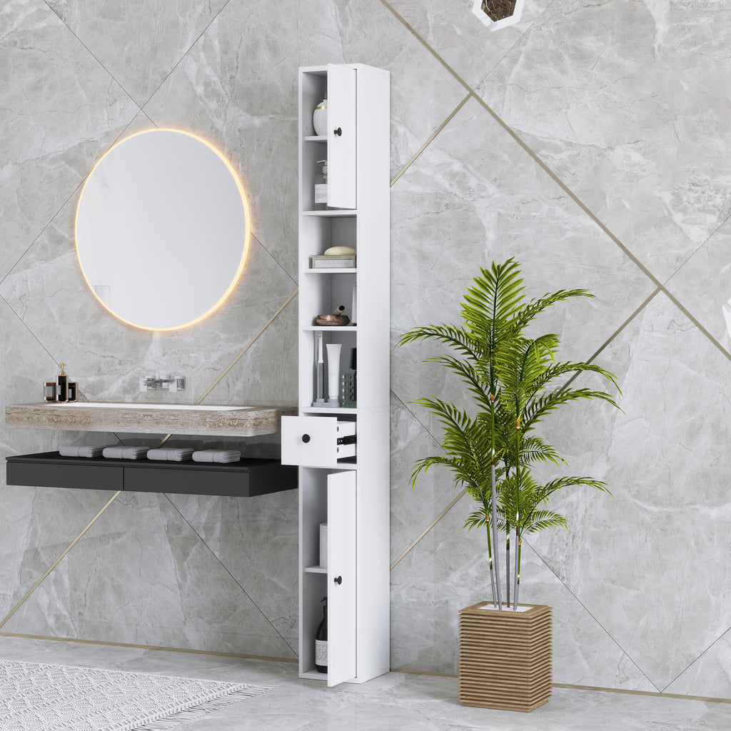 Space-Saving Bathroom Column with 2 Cabinets, 3 Open Shelves and Drawer, in Wood, 20x20x178 cm, White
