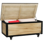 121L Storage Bench with 4 Wheels and Handles in Wood and Steel, 100x50x43cm, Wood Color