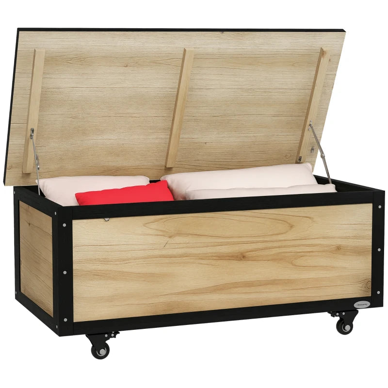 121L Storage Bench with 4 Wheels and Handles in Wood and Steel, 100x50x43cm, Wood Color