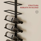 Wall Bottle Rack with 10 Shelves in Black Steel for 10 Bottles, 27x10x116 cm