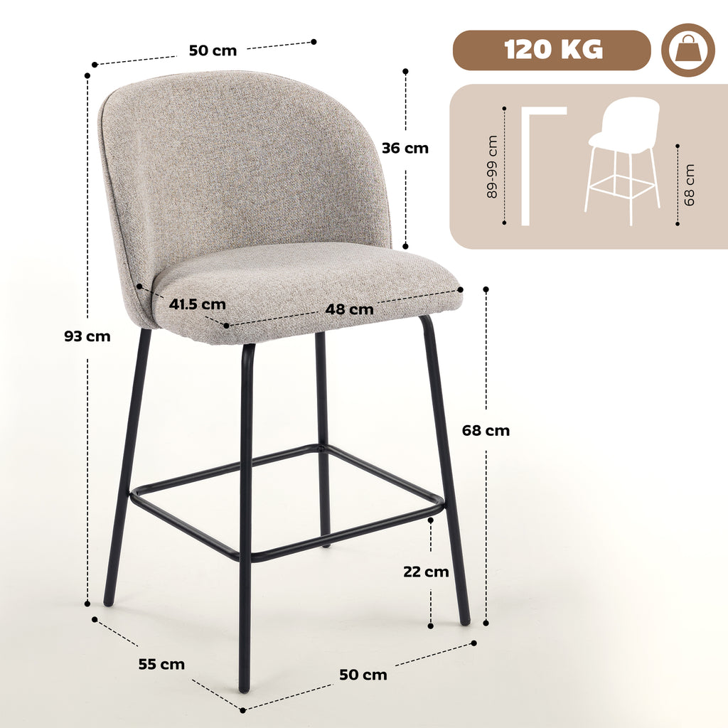 Set of 2 Bar Stools with Backrest and Footrest, Fabric Upholstery and Steel Legs, Grey