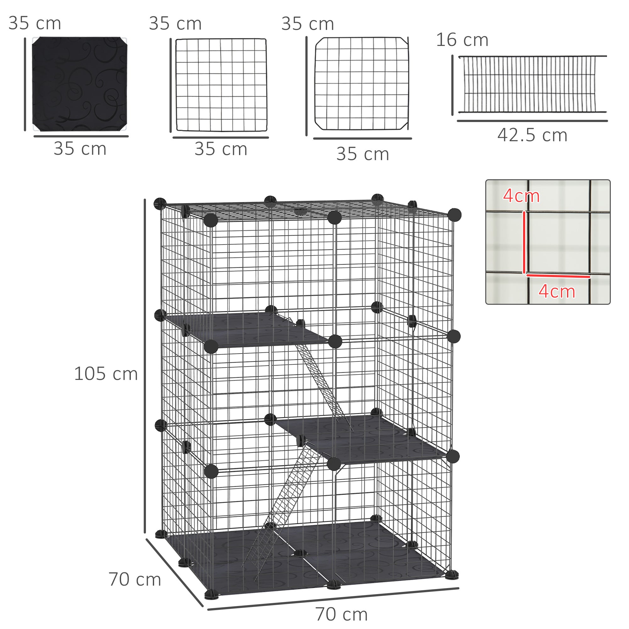 Modular Rabbit and Guinea Pig Cage with 3 Doors and Steel Wire, Black