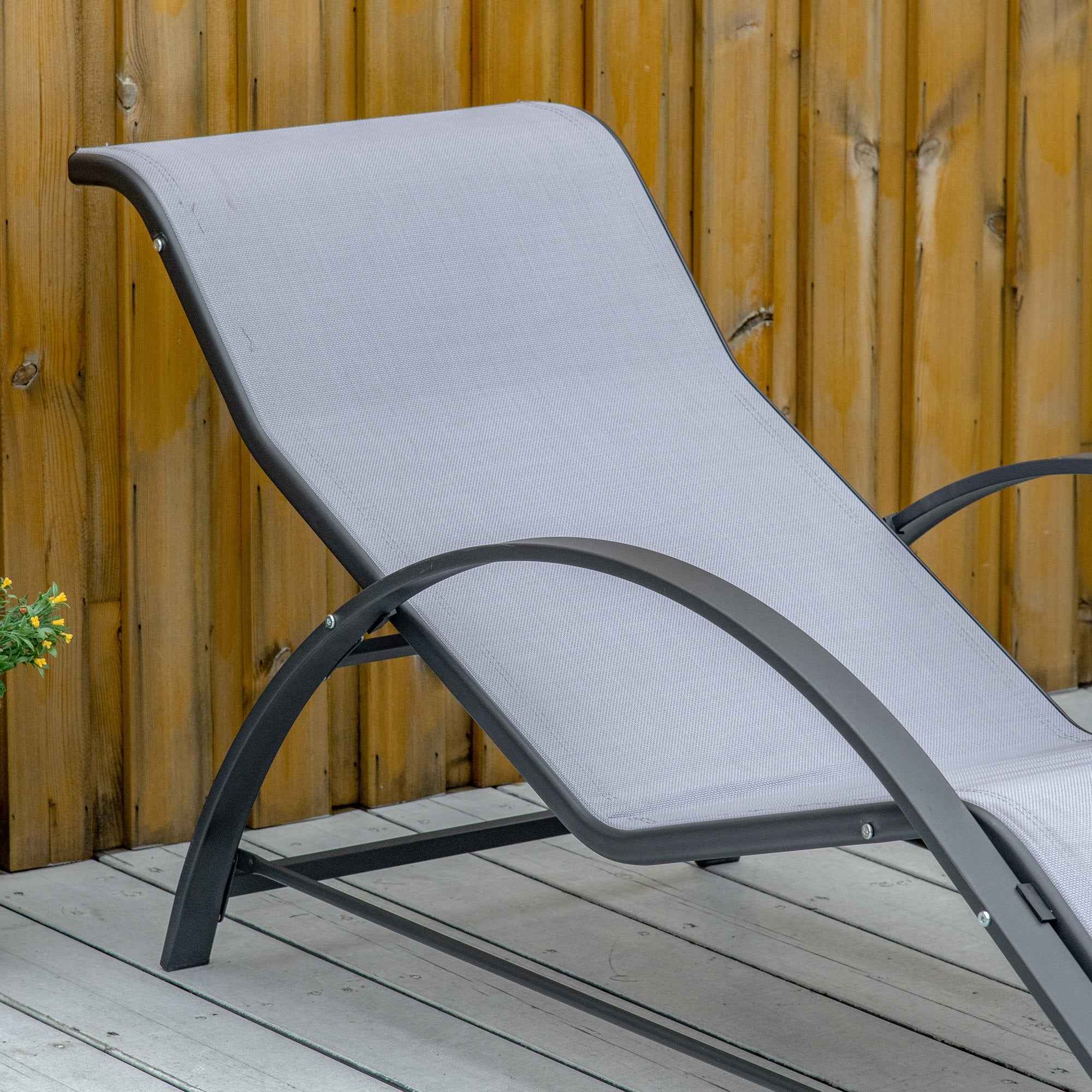 Outsunny Set of 2 Sun Loungers and Coffee Table with Glass Top, 59x169x66 cm, Light Grey