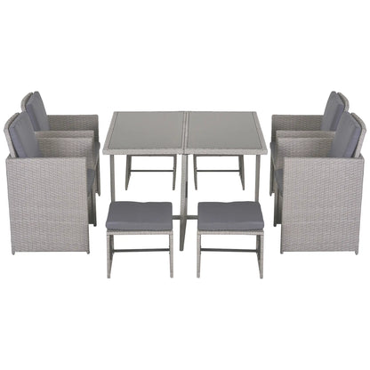 GEMINI | Outdoor Garden Furniture Set Table with 4 Chairs 4 Footrests 9pcs Rattan Grey