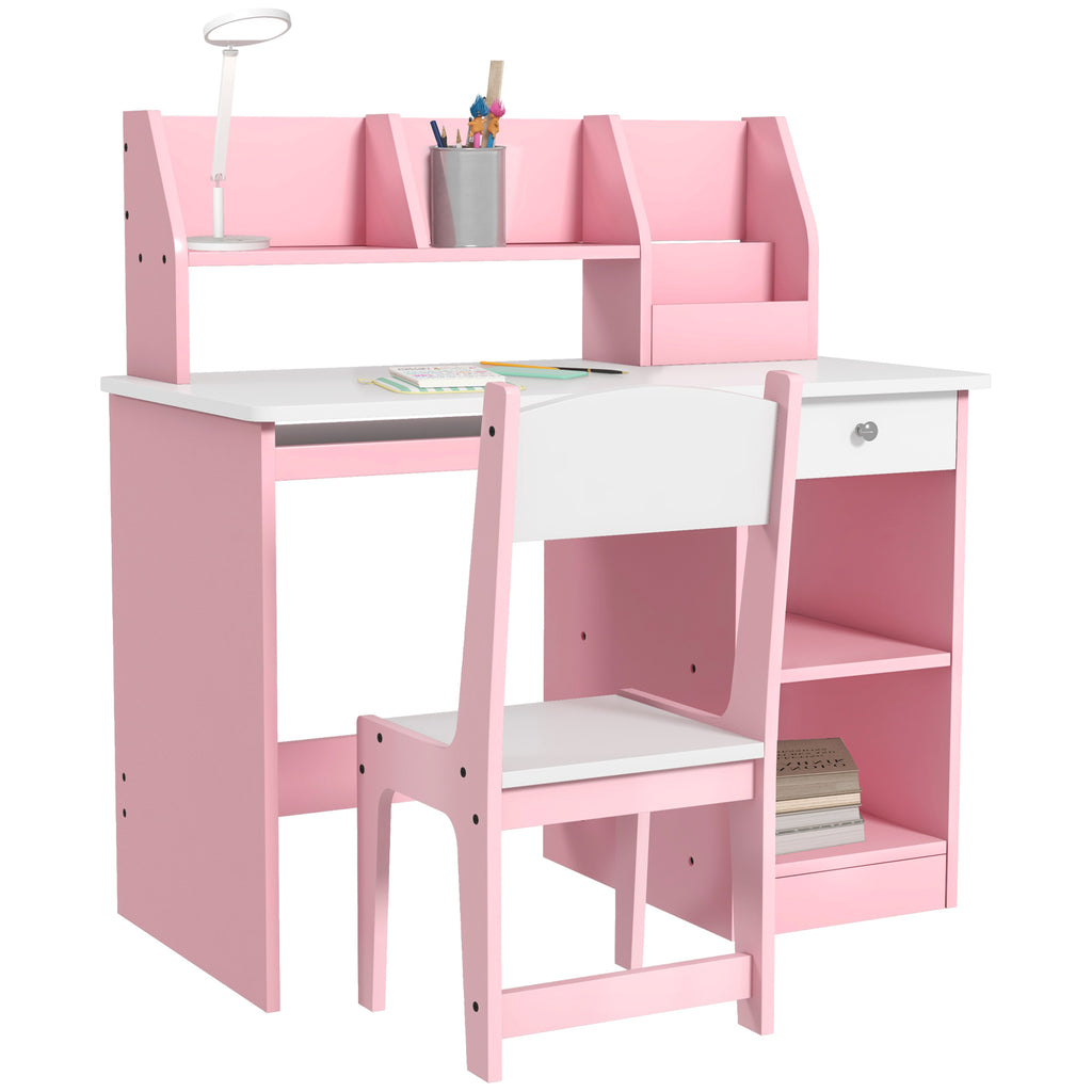 ZONEKIZ Children's Desk Table for 5-8 Years Old with Chair, Bookshelf, Pull-Out Shelf and Drawer, Pink