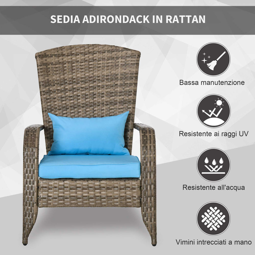 Outsunny Garden Chair Adironrack with armrests, in Rattan and Steel, 65x86x90 cm, brown and blue - Borgè