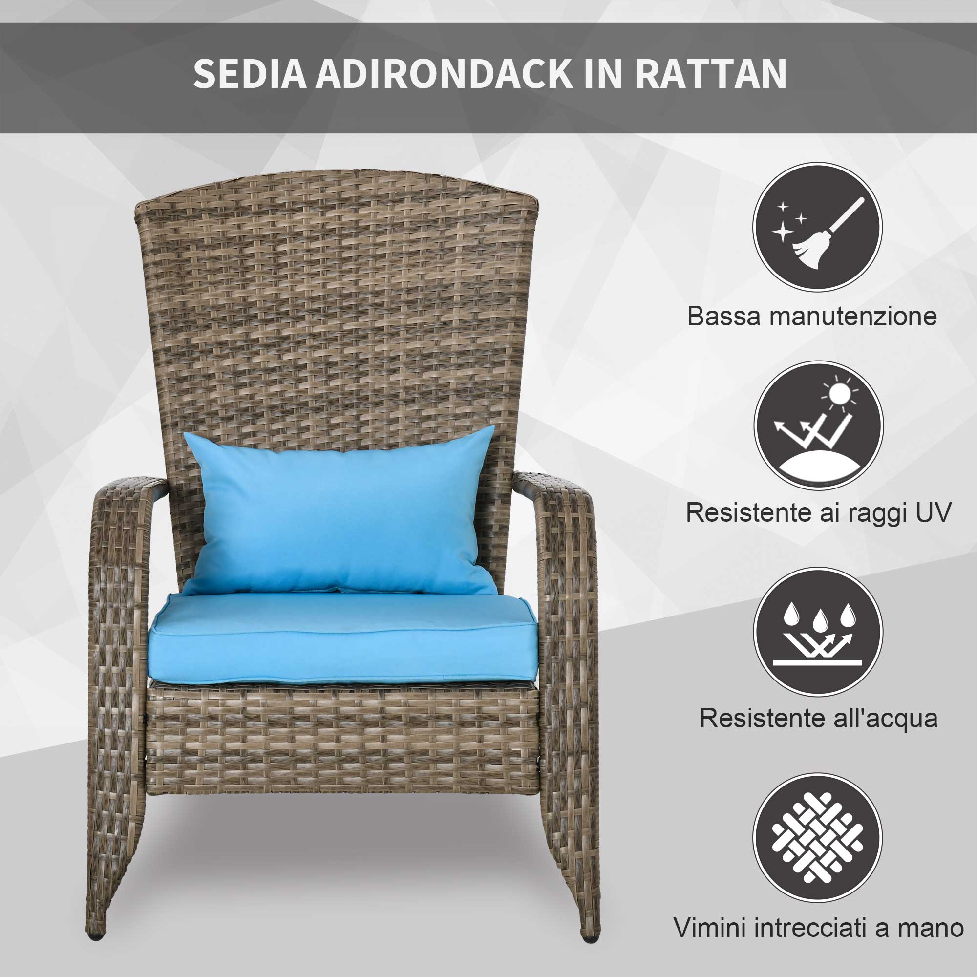 Outsunny Garden Chair Adironrack with armrests, in Rattan and Steel, 65x86x90 cm, brown and blue - Borgè