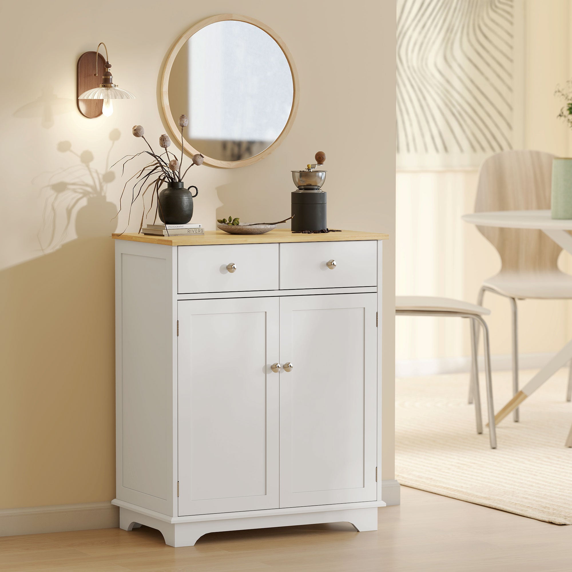 Low Sideboard with 2-Door Cabinet, Adjustable Shelves and 2 Drawers, White and Wood