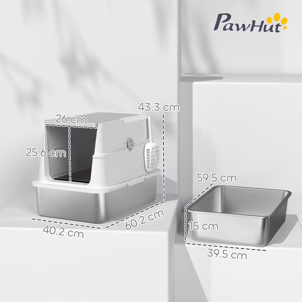PawHut Stainless Steel Litter Box for Large Cats with Flip Lid, Scoop and Deodorizer, Light Grey