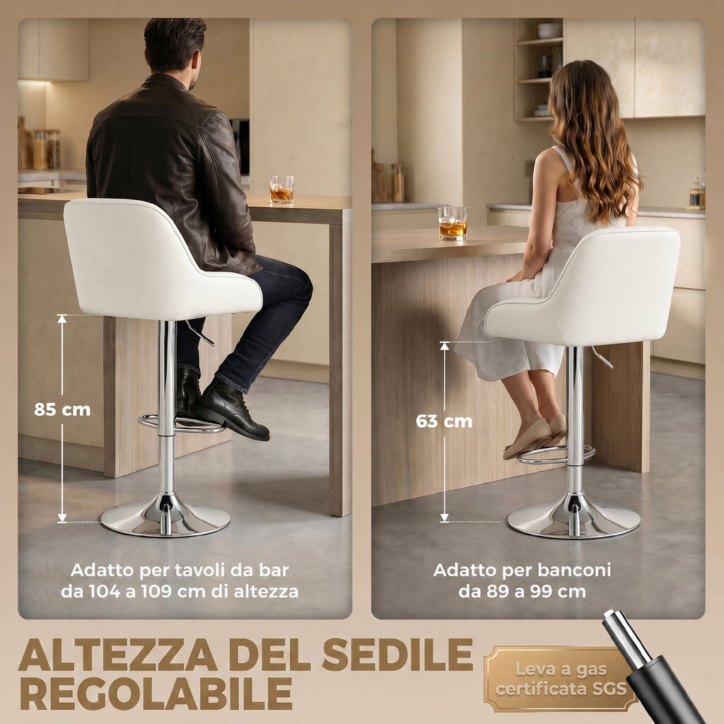HOMCOM Set of 2 Swivel and Height-Adjustable Bar Stools with Backrest, Faux Leather, White