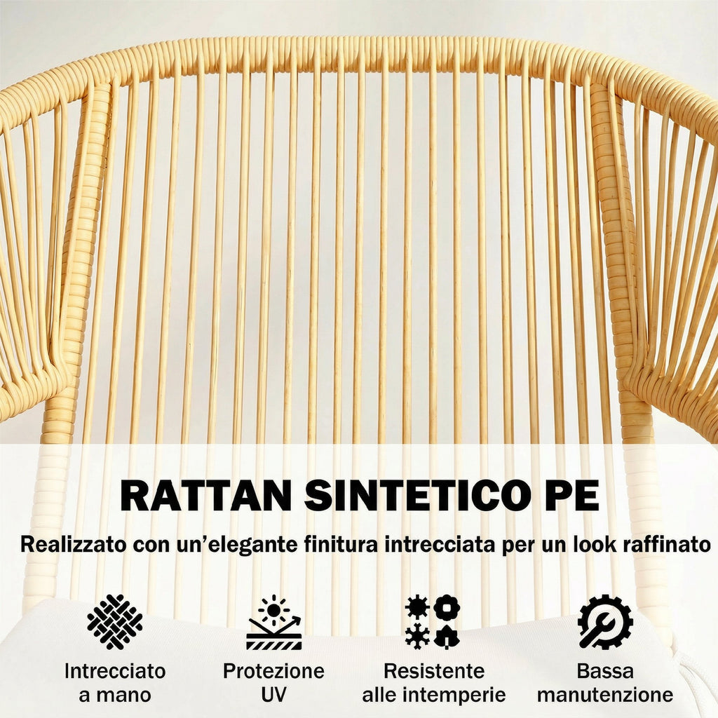 Outsunny 3-Piece Rattan and Steel Bistro Set with 2 Chairs, Round Table with Tempered Glass Top, Beige