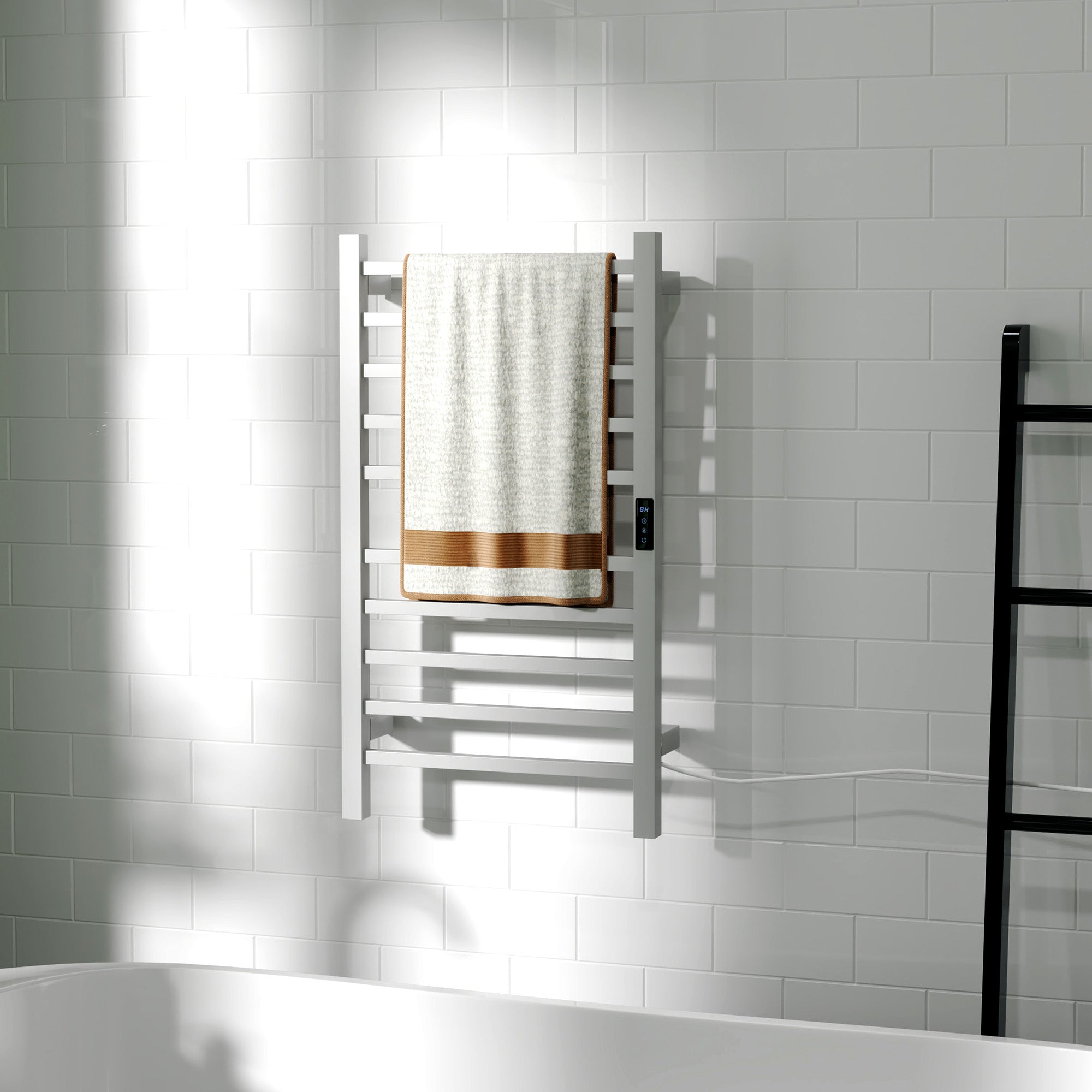 Smart 10-Bar Electric Towel Warmer with Timer and LCD Display, Stainless Steel, 45x11x80 cm, White