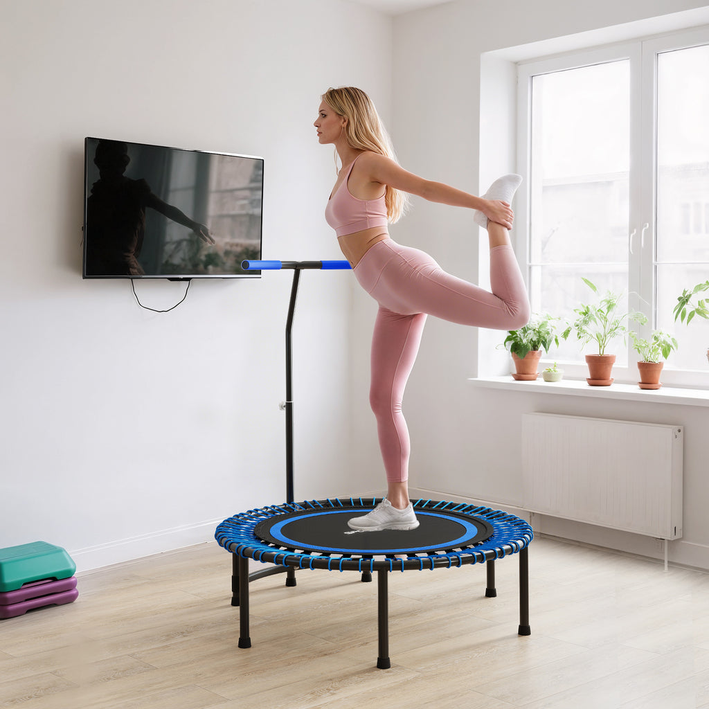 Fitness Trampoline Ø145 cm with 5-Position Adjustable Handlebar, 36 Bungee Springs and 150 kg Capacity, Blue