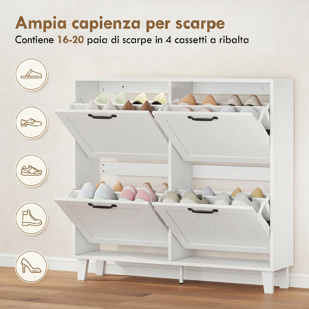 HOMCOM Shoe Cabinet, 4 Folding Drawers, Space-Saving with Adjustable Shelves, White