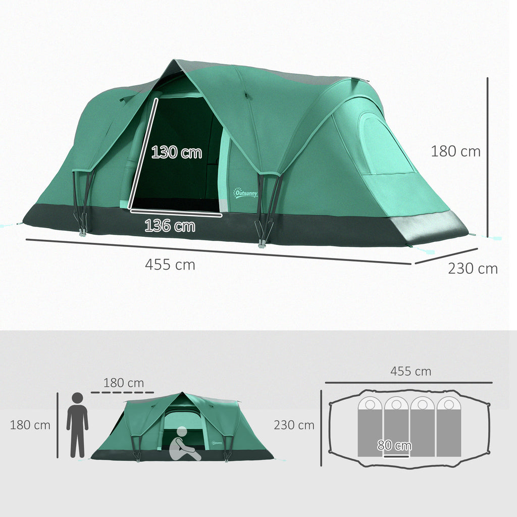 4-Person Water-Repellent Camping Tent with UV Protection, Fiberglass Poles, 4.55x2.3x1.8 m, Green
