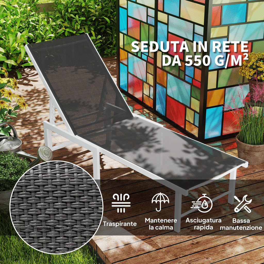 Deckchair with 5-Level Adjustable Backrest, in Steel and Textilene, 60x166x84 cm, White and Gray