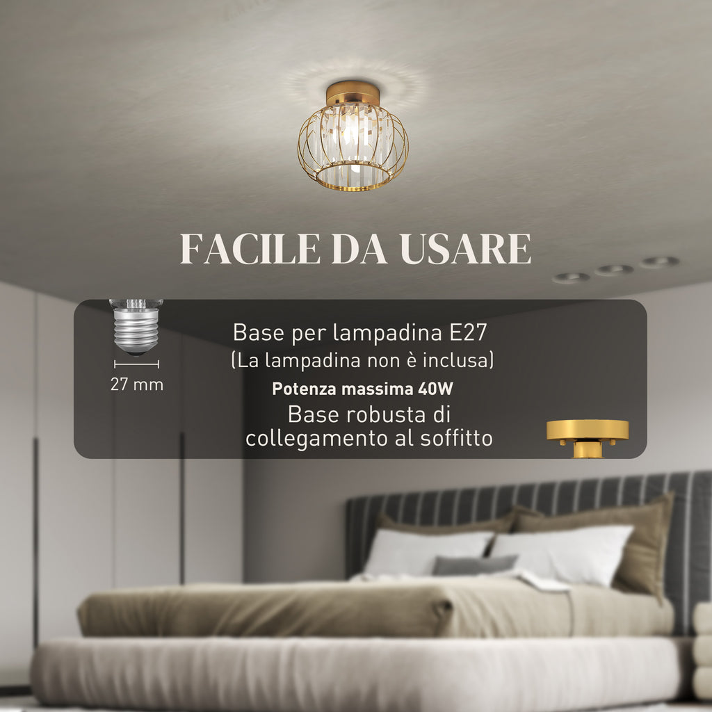 Modern and Minimal LED Cage Ceiling Light with 18 Crystals, Gold Metal, Ø27x19 cm