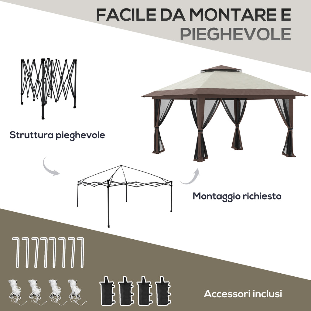 Outsunny 4x4m Adjustable Height Folding Gazebo with Mosquito Net and Bag, Metal and Oxford Fabric, Beige