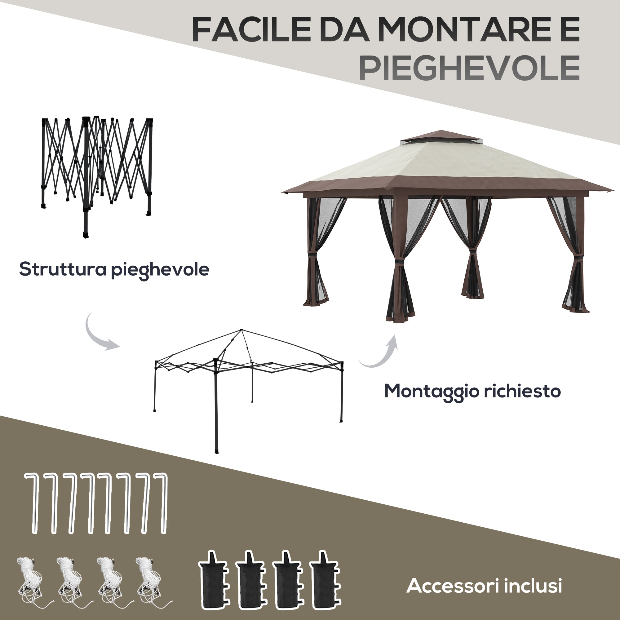 Outsunny 4x4m Adjustable Height Folding Gazebo with Mosquito Net and Bag, Metal and Oxford Fabric, Beige