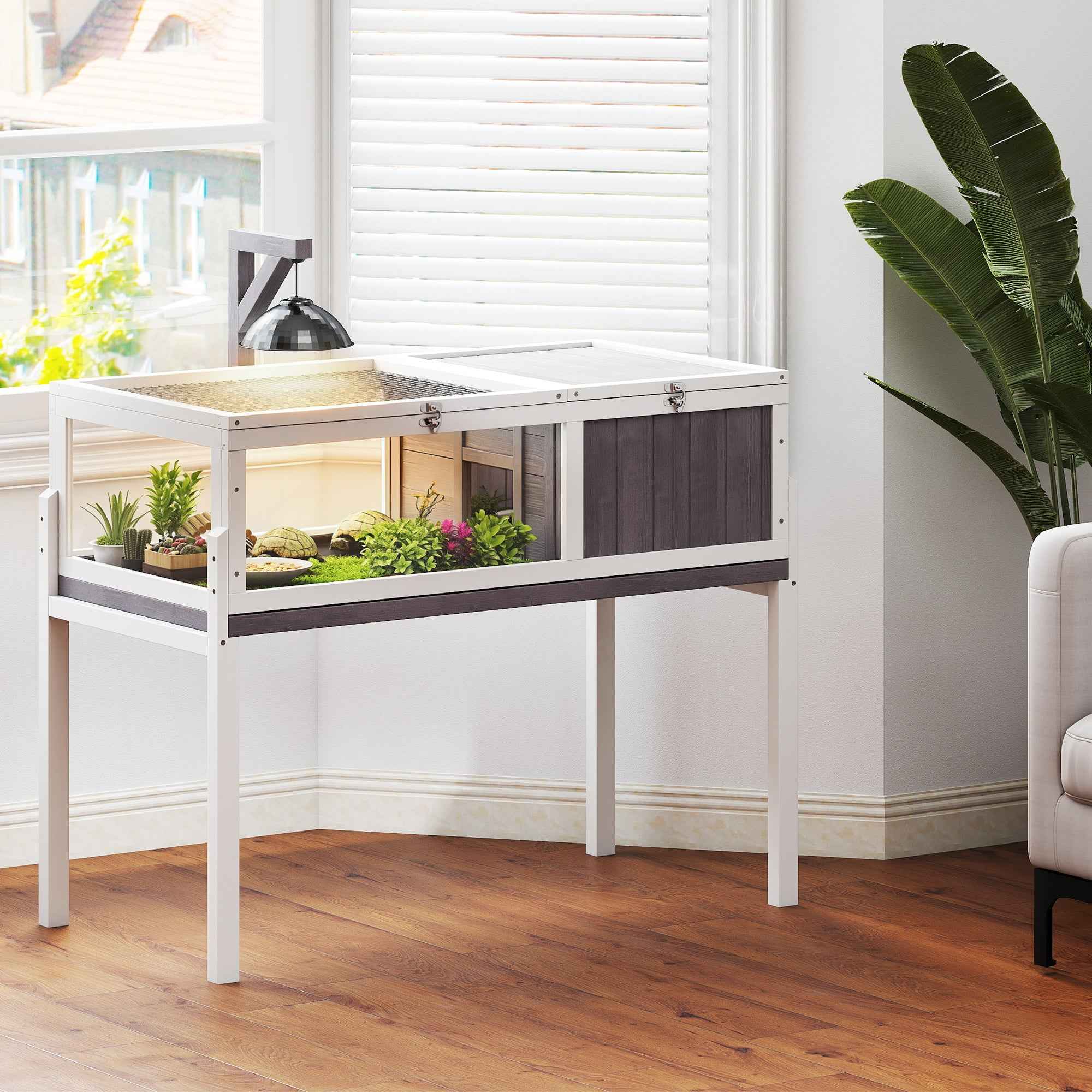 PawHut Raised Turtle House with Divider, Removable Tray, Made of Wood and PS, 104x53x82 cm, Grey and White