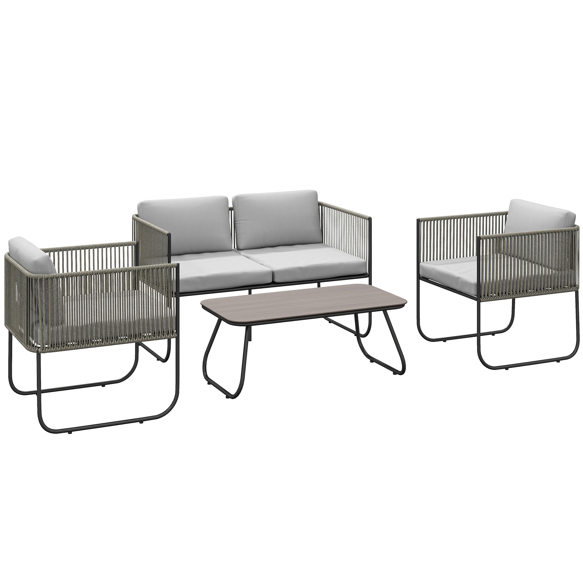 Rattan Garden Set with 2 Seater Sofa, 2 Armchairs and Glass Table, Removable Cushions, Grey