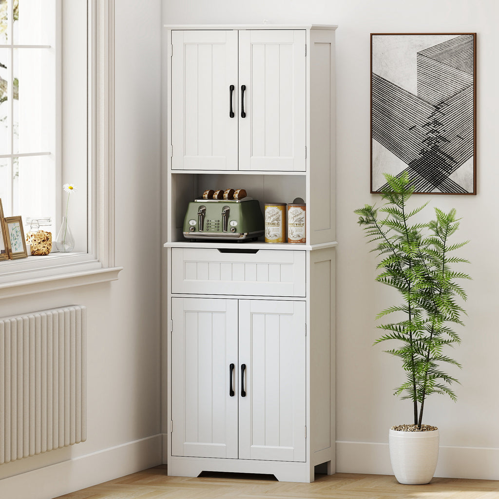Kitchen Sideboard with 2 Cabinets and Drawer, Open Center Top and Adjustable Shelves, White