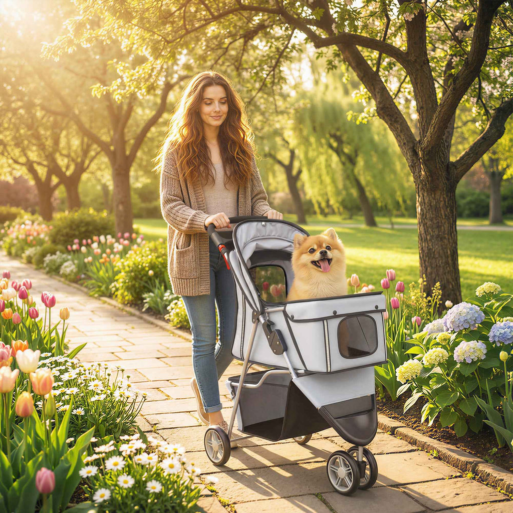 PawHut Folding Dog Stroller with Cup Holder and Basket, 77x44x102 cm, Grey